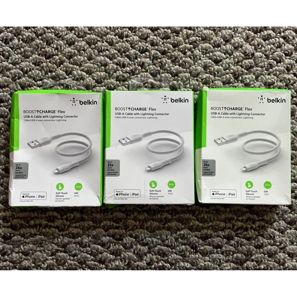 3 New Sealed Belkin 6 Inch 15 CM Lightning To USB-A Cables MFi Certified